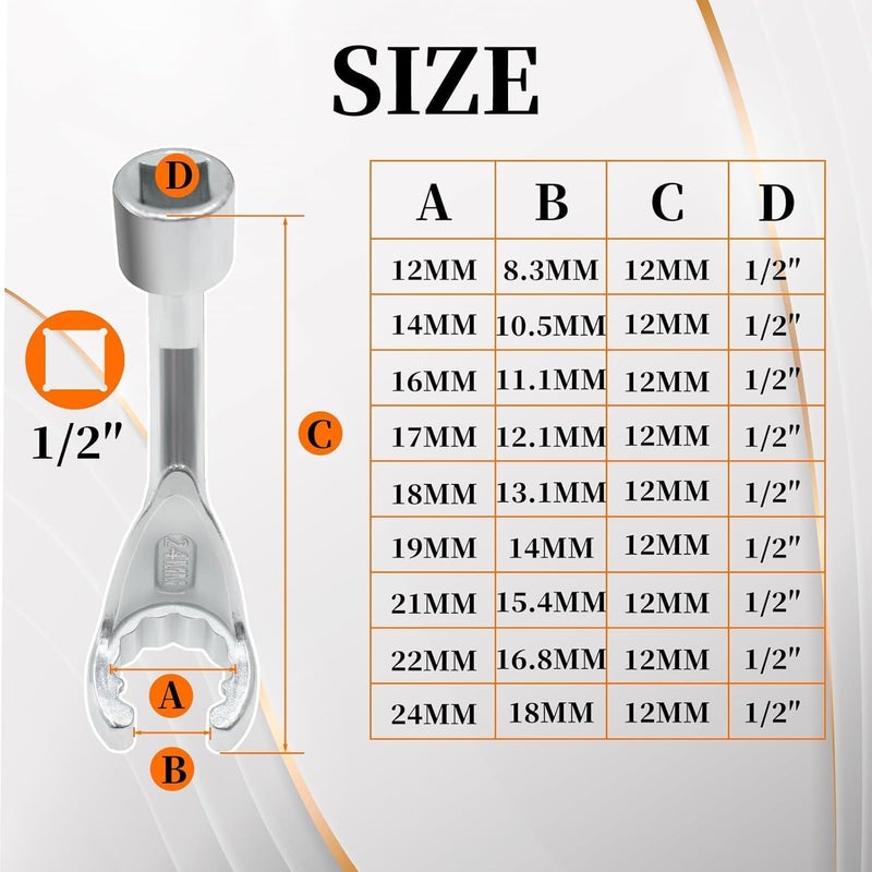 Yuesstloo 9Pcs Common Rail Injection Fuel Line Socket Set, 1/2" Dr 12mm 14mm 16mm 17mm 18mm 19mm 21mm 22mm 24mm 12 Point Injector Fuel Line Socket, Injection Line Flare Nut Wrench Set - Image 2